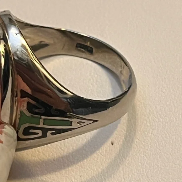 ANTIQUE 10K WHITE GOLD "UNISEX" RING w/NATURAL GREEN MOONSTONE&ENAMELS, ART DECO - Picture 5 of 12